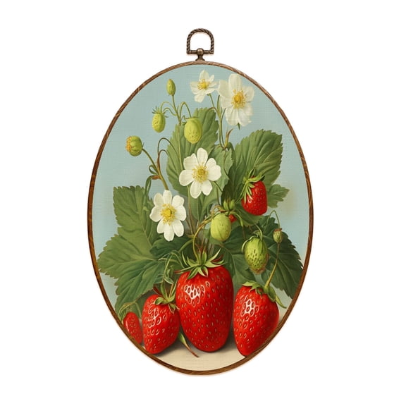 Strawberry Canvas Wall Art Strawberry Vintage Botanical Fruit Retro Floral Kitchen Leaves Flowers Oval Framed Canvas Prints Vintage Wall Hanging Decor for Home Decorations 8.6"x11.4"