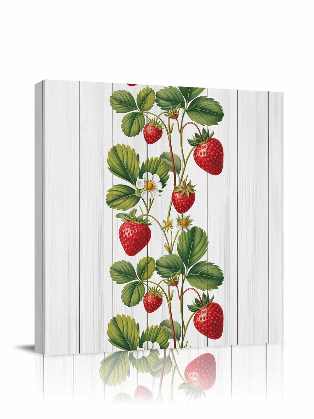 Strawberry Canvas Wall Art, Vintage Country Strawberry Leaf White Wood Grain Framed Wall Decor Modern Artwork Prints Painting for Living Room, Bedroom, Kitchen & Cafe Decor 16x16 Inch