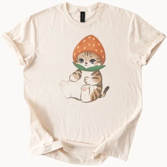 Strawberry Cat Shirt Cute Kitten Graphic Tee Adorable Animal Lover Size S-5Xl Heygategoo Tee