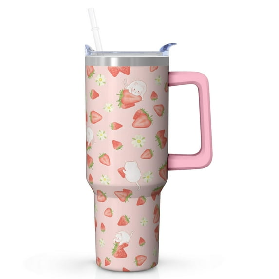 Strawberry Cat Tumbler Travel mugs, cute pink mugs, cute animal mugs, 40-ounce insulated drinkware, cat gifts