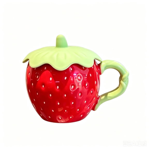 Strawberry Ceramic Coffee Mugs with Lid and Spoon, Porcelain Coffee Mug Decor,Cute Strawberry Shortcake Mug with Handle, Maker Tea Cup for Women Girls