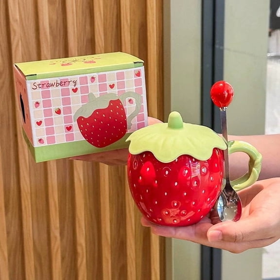 Strawberry Ceramic Mug, Tea Cup With Lid, Cute Strawberry Design, Practical Gift For Women