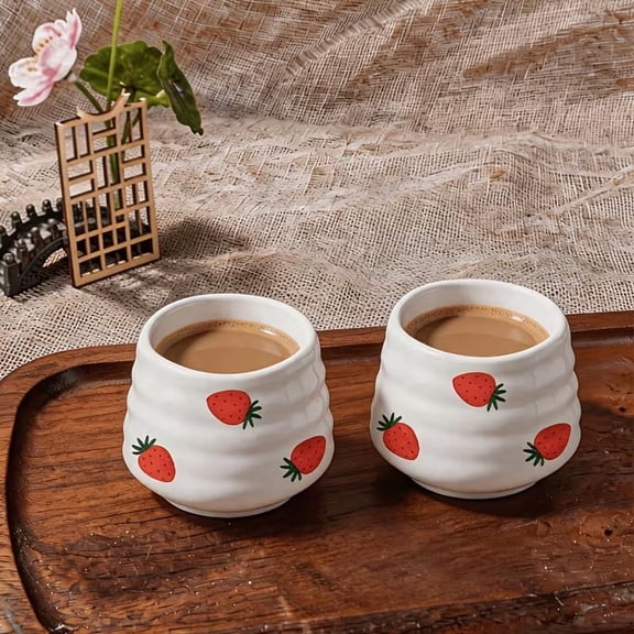 Strawberry Ceramic Mugs Set of 2 - 5.5oz Coffee Tea Cups Cute Fruit Design