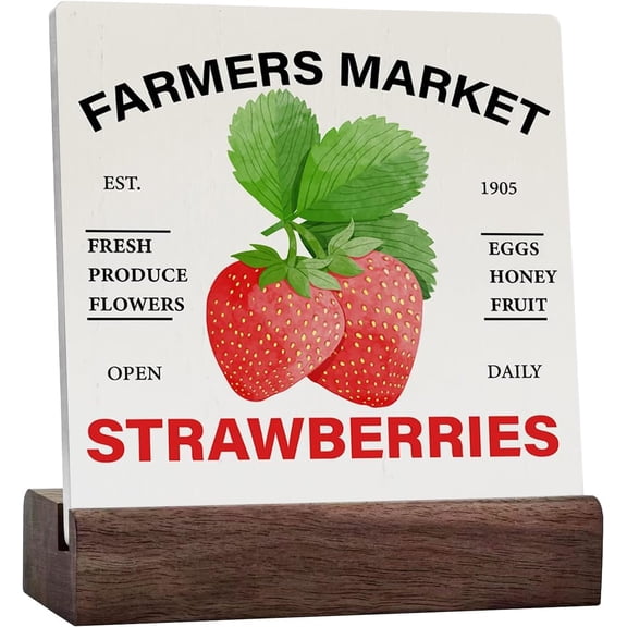 Strawberry Ceramic Table Sign Rustic Farmers Market Strawberries Ceramic Table Sign Decorative Summer Sign Block Plaque For Home Desk Table Shelf Decor