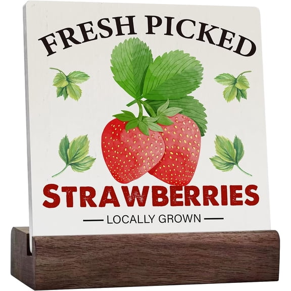 Strawberry Ceramic Table Sign Rustic Fresh Picked Strawberries Ceramic Table Sign Decorative Country Summer Sign Block Plaque For Home Desk Table Shelf Decor