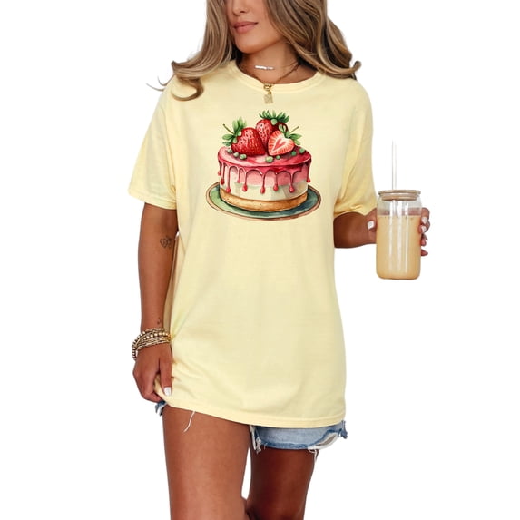 Strawberry Cheesecake T Shirt, Watercolor Cake Art Tee, Cute Dessert Shirt, Foodie Gift T Shirt, Sweet Treat Tee, Casual Wear, Butter Comfort Colors T-Shirt, Medium