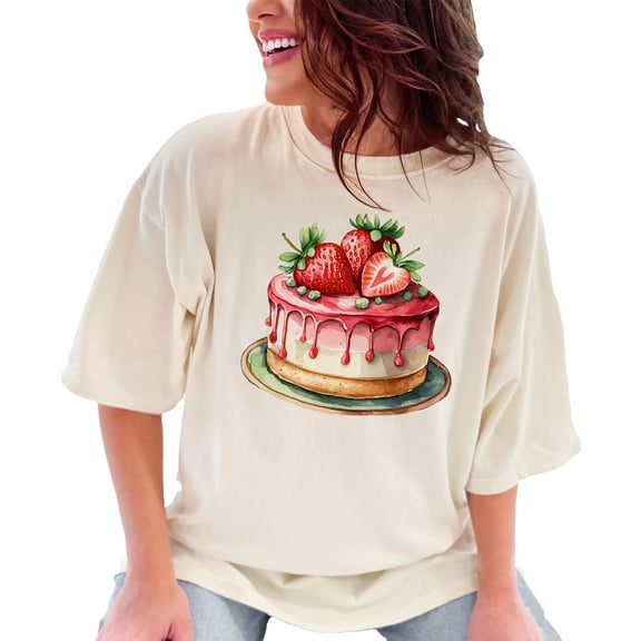 Strawberry Cheesecake T Shirt, Watercolor Cake Art Tee, Cute Dessert Shirt, Foodie Gift T Shirt, Sweet Treat Tee, Casual Wear, Ivory Comfort Colors T-Shirt, XL