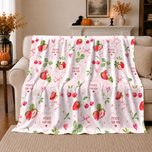 Strawberry Cherry Picked, Cozy Friendship Quote Scene, Warm Flannel Blanket for Living Room and Reading Nook with Detailed Artwork, Art Lovers Friendship Gift, Artistic Home Decor