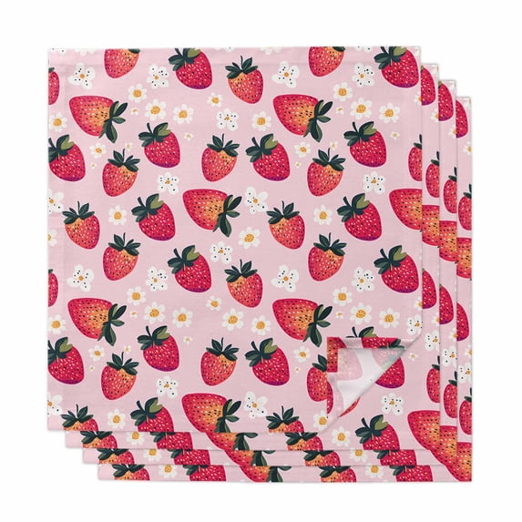 Strawberry Cloth Napkins, Pink Spring Summer Rustic Floral Fruit Washable and Reusable Dinner Napkins Set of 4, Table Napkin for Kitchen Party Birthday Wedding Hotel Housewarming 20"x20"
