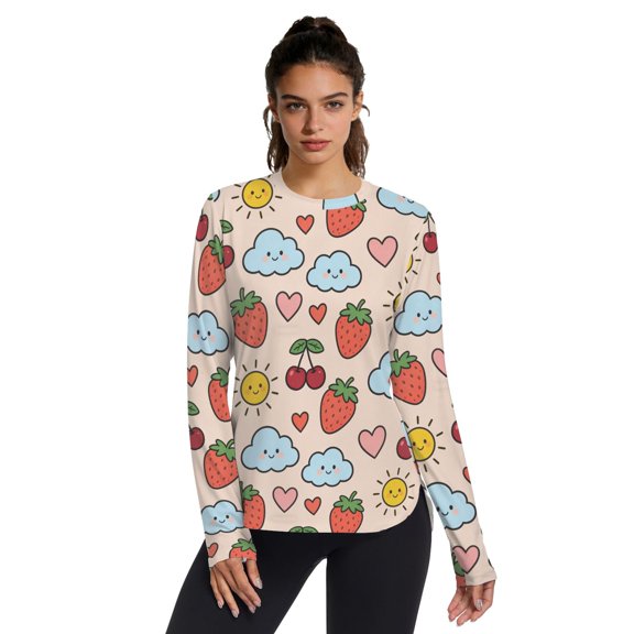 Strawberry Cloud Cherry Women UPF 50+ UV Shirts Long Sleeve with Thumb Holes Workout Sun Shirt Quick Dry Athletic Hiking Tops