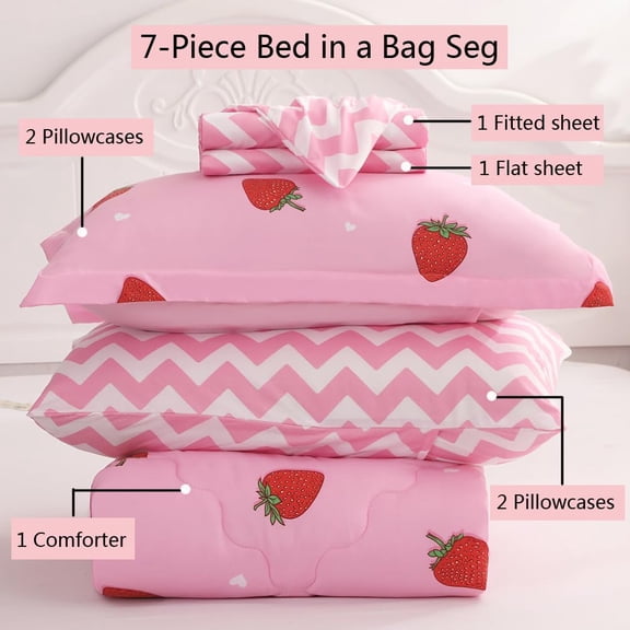 Strawberry Comforter Bedding Set Twin Size for Girls 7 Piece Pink Kawaii Comforter Set Bed in A Bag for Kids Teens All Season