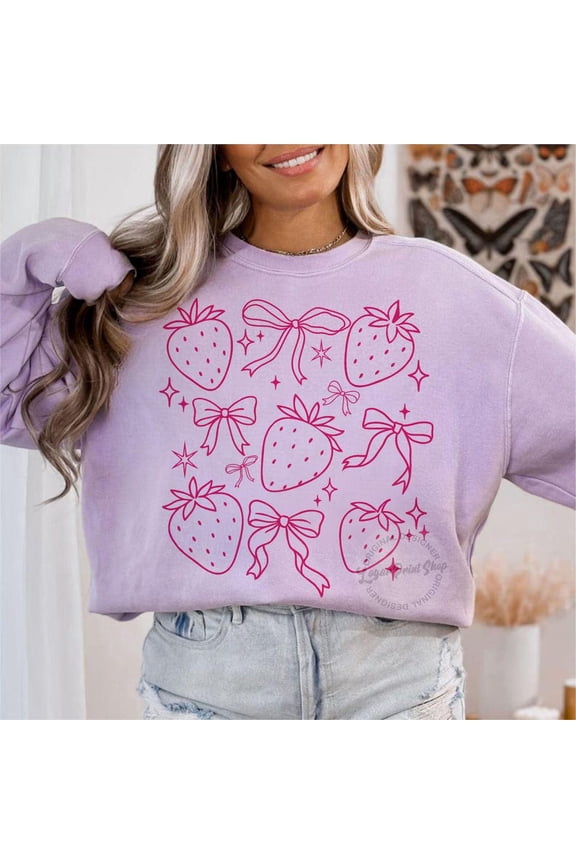 Strawberry Coquette Bow Summer Shirt, Cottagecore Shirt, Spring Summer Fruit Lover Shirt, Girly Cute Minimalist Summer Shirt