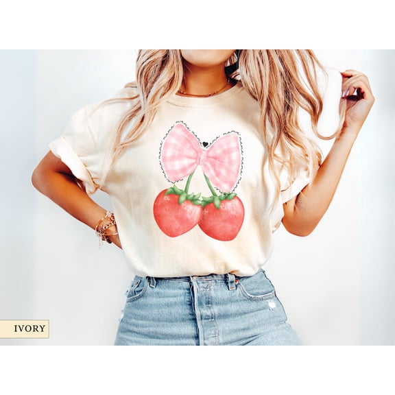 Strawberry Coquette Bow TShirt, Strawberry mama Shirt, Summer Strawberry Shirt, Cottagecore Berries Tshirt, Strawberry Aesthetic Tee, , F5416 All Size S-5Xl