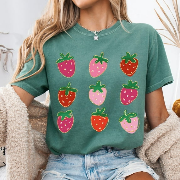 Strawberry Coquette Shirt, Summer Strawberry Shirt, Strawberry Aesthetic Shirt, Retro Summer Shirt, Spring Floral Shirt, Glitter Cottagecore Shirt