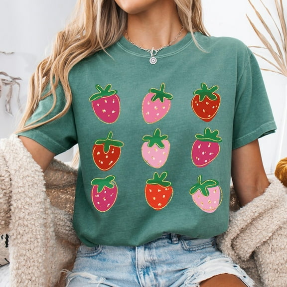Strawberry Coquette Shirt, Summer Strawberry Shirt, Strawberry Aesthetic Shirt, Retro Summer Shirt, Spring Floral Shirt, Glitter Cottagecore Shirt
