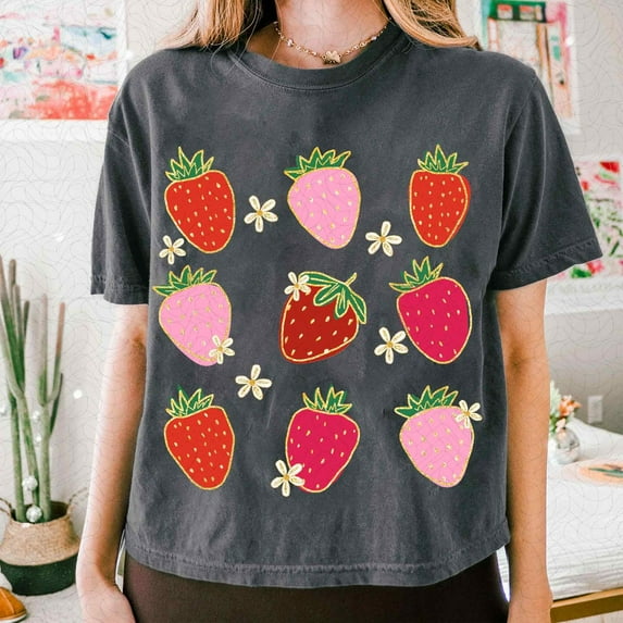 Strawberry Coquette shirt, Summer Strawberry shirt, Strawberry Aesthetic shirt, Retro Summer shirt, Spring Floral shirt, Glitter Cottagecore