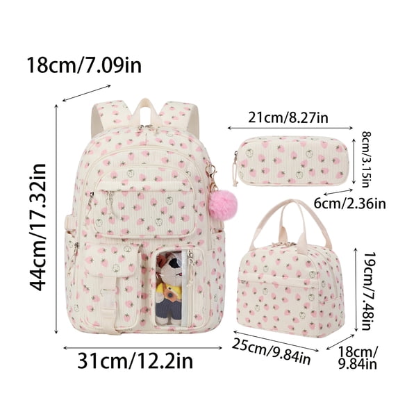 Strawberry Corduroy Backpack Set 3 Piece, Printed School Bookbag with Large Capacity Storage, Lightweight Casual Backpack Set for Students Travel and Daily Use