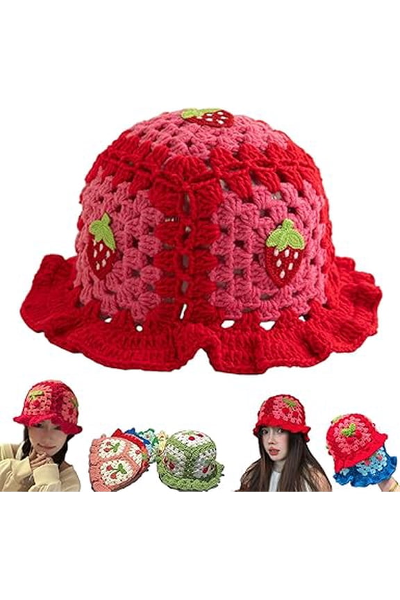 Strawberry Crochet Hat,Strawberry Shortcake Bucket Hat for Women,Cute Knitted Handmade Hats Winter