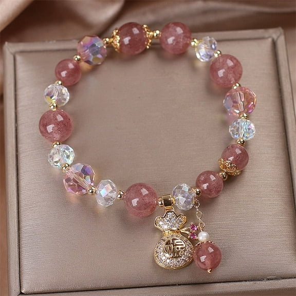 Strawberry Crystal Beaded Bracelet Women's Diamond Money Bag Pendant Elastic Adjustable Bangles Anniversary Party Jewelry Gift