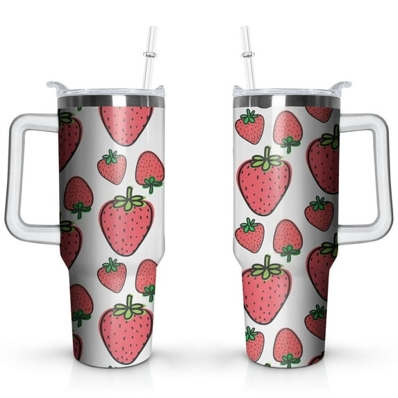 Strawberry Cup 40 OZ Tumbler with Handle and Straw Lid Leak Proof - Strawberry Travel Coffee Mug with Handle Insulated for Hot Cold Ice - Birthday Gifts for Women Stainless Steel Cup