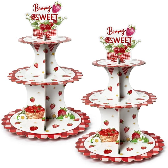 Strawberry Cupcake Stand - 2Pcs 3-Tier Berry Sweet Red Plaid Cupcake Tower Cardboard Dessert Holder Pastry Platter for Baby Shower Girls Birthday Spring Summer Holiday Party Table Decoration