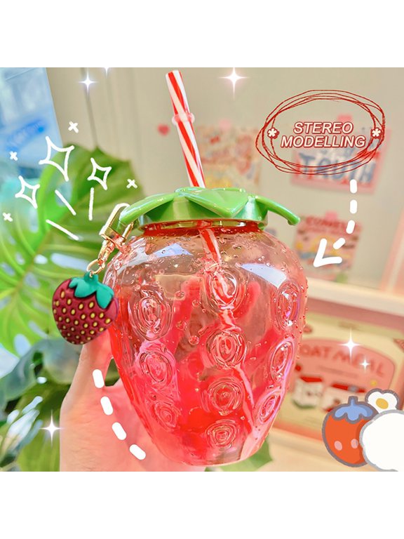 Strawberry Cups with Straw and Strawberry Keychains Pendant, Cute Plastic Drinking Cups with Lid Portable Tumbler Fruit Shape Milk Tea Juice Water Cup for Girls Women, 500ml, 3.93x4.72"