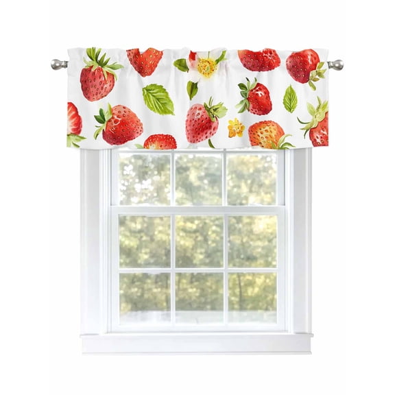 Strawberry Curtain Valances for Windows, Green Botanical Red Summer Fruits Kitchen Valance Window Treatment, Light Filtering Block Curtains for Bathroom/Bedroom/Living Room 60'' x 18''