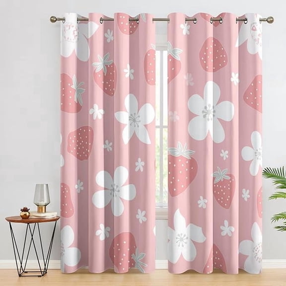 Strawberry Curtains for Living Room, Floral Pink Cute Girls Pattern Design Blackout Curtains, Strawberry Bedroom Decor Window Drapes with Grommet 26"W x 45"L (Pack of 2)