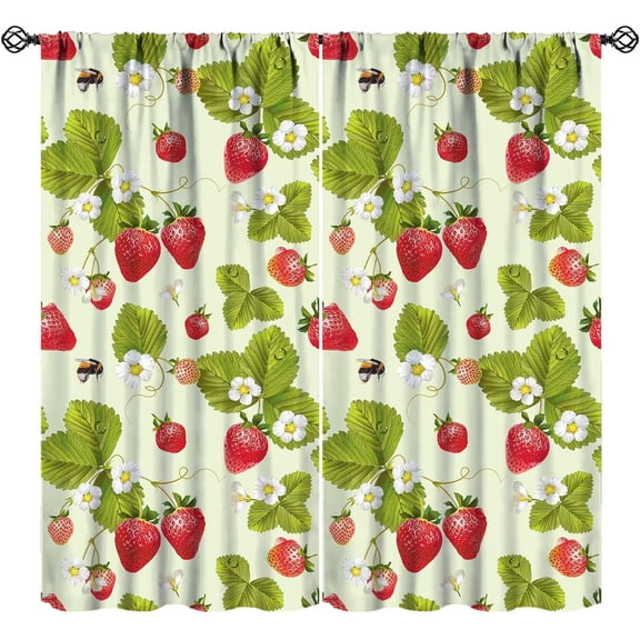 Strawberry Curtains, Summer Big Red Strawberries Rustic Farmhouse Flowers Bees Green Leaves Print Window Treatments for Kitchen Cafe Livingroom Dining Room, 55" W X 39" L