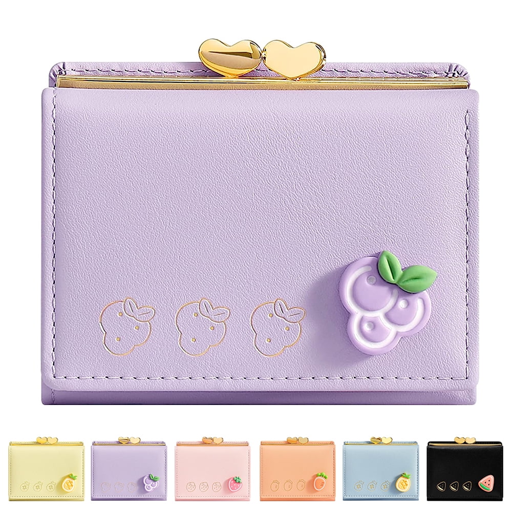 Strawberry Cute Wallets for Teen Girls Small Wallet Aesthetic PU Leather Kawaii Wallet for Girls Tri folded Cash Pocket Card Holder Violet Walmart