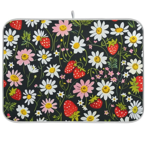 Strawberry Daisy Floral Dish Drying Mats Kitchen Mat Microfiber Counter Absorbent Dish Pad Drainer Rack 18"x24"