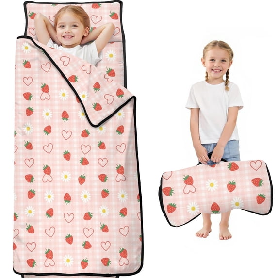 Strawberry and Daisy Pink Pattern Kids Nap Mat, Sleeping Mat with ...