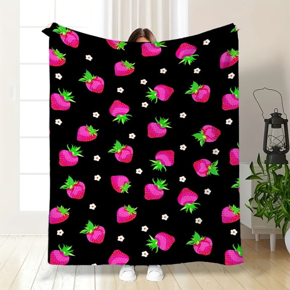Strawberry & Daisy Print Flannel Blanket Soft, Lightweight & Warm AllSeason for Living Room, Bedroom, Camping & Travel Vibrant Pink & Black Cartoon Design, Machine Washable Cozy Home Decor, Strawbe