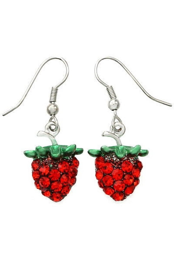 Strawberry Dangle Earring Red Crystal Rhinestone Fruit Charm Silver Tone Jewelry