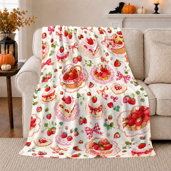 Strawberry Desserts and Baskets Flannel Blanket, Cheerful Cottagecore Art for Berry Lovers, Soft Mother's Day Gift for Moms, Sunroom and Reading Nook Home Decor
