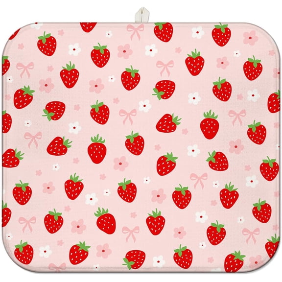Strawberry Dish Drying Mat for Kitchen Counter,Pink Cute Floral Bow Microfiber Drying Mat,Washable Absorbent Kitchen Countertop Dish Draining Mat,16×18Inch