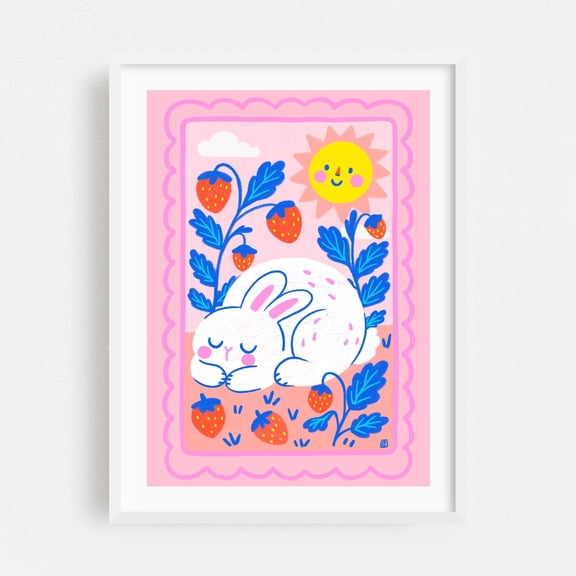 Strawberry Dreams - Drawing Whimsical Animal Illustration Fruit Summer Garden Pastel White Framed Wall Art Print 12 x 18 inches