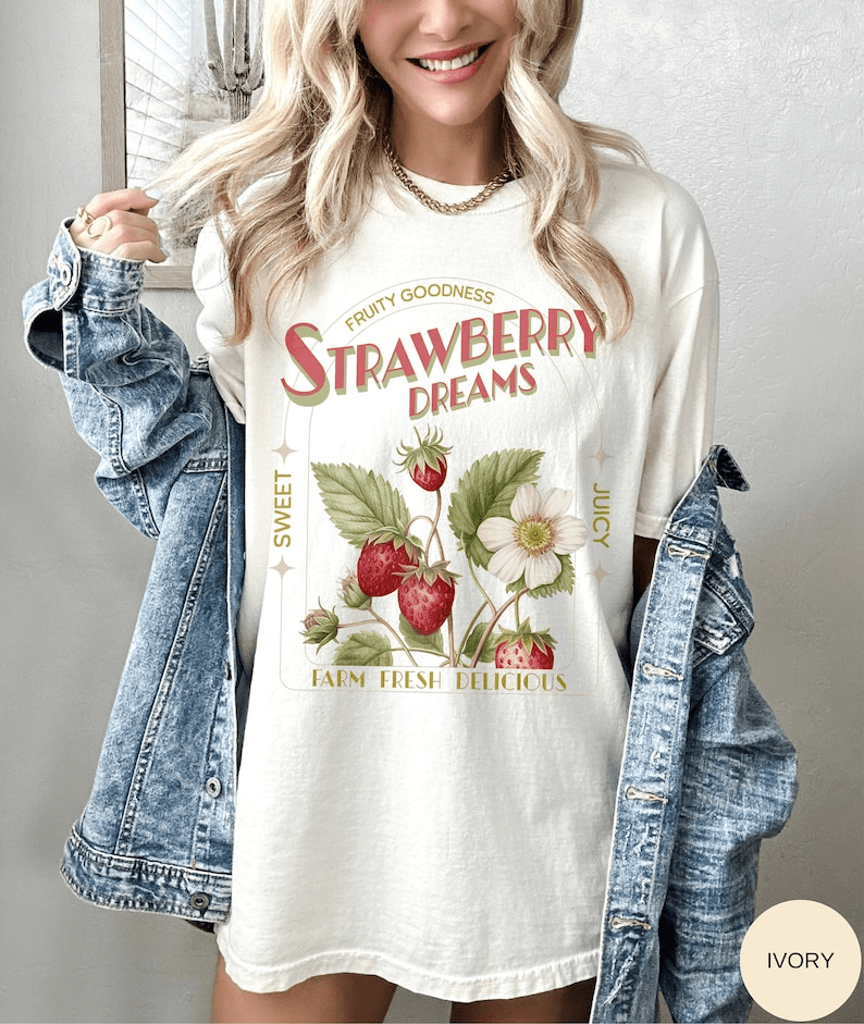 Ascrazy Women's Strawberry Print T-Shirt - Fruit Lover Tee For Gardeners, Farmers & Casual Wear
