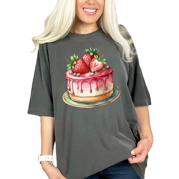 Strawberry Drip Cake T-Shirt, Cute Strawberry Dessert Tee, Delicious Dessert Shirt, Sweet Cake Lovers Tee, Tasty Cake Illustration Top, Pepper Comfort Colors T-Shirt, Medium