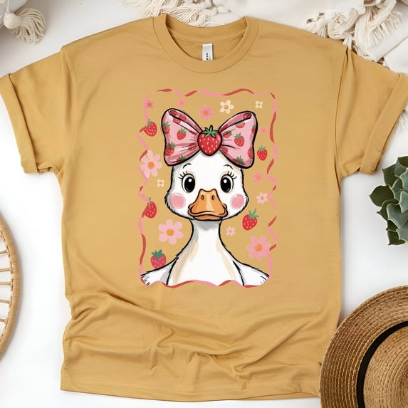 Strawberry Duck Shirt for Women and Kids, Cute Bow and Blush Face Graphic Tee, Gold, Size M