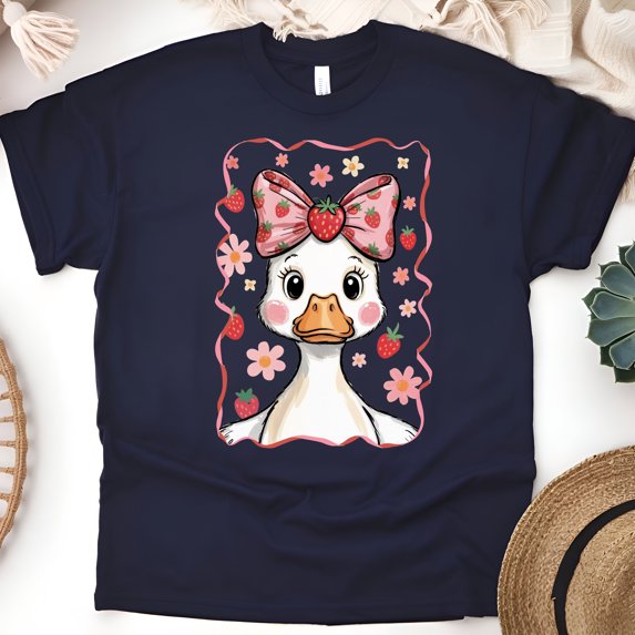 Strawberry Duck Shirt for Women and Kids, Cute Bow and Blush Face Graphic Tee, Navy, Size 3XL