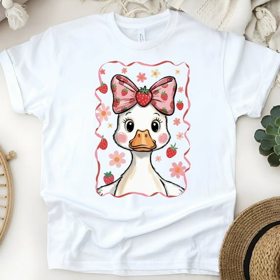 Strawberry Duck Shirt for Women and Kids, Cute Bow and Blush Face Graphic Tee, White, Size L