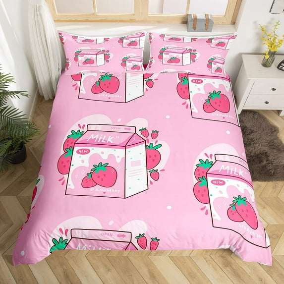 Strawberry Duvet Cover Full Size Comforter Cover Cute Strawberry Pattern Pink Decor Bedding Set for