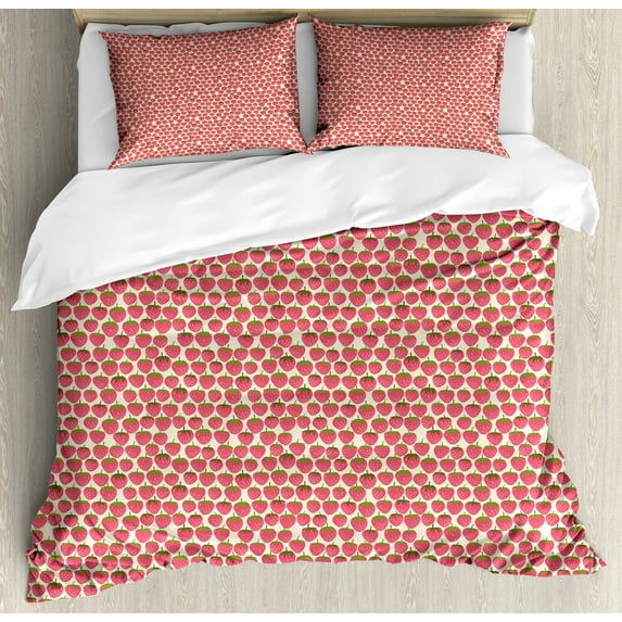Strawberry Duvet Cover Set, Continuing Pattern of Fruit Doodles Organic Foods, Decorative 3 Piece Bedding Set with 2 Pillow Shams, King Size, Dark Coral Olive Green, by Ambesonne