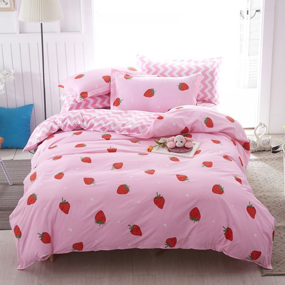 Ins Pink Strawberry Cute Bedding Set Cartoon Fruit Duvet Cover Soft Queen Full Size Flat Bed Sheet Girls Quilt Cover Pillowcase