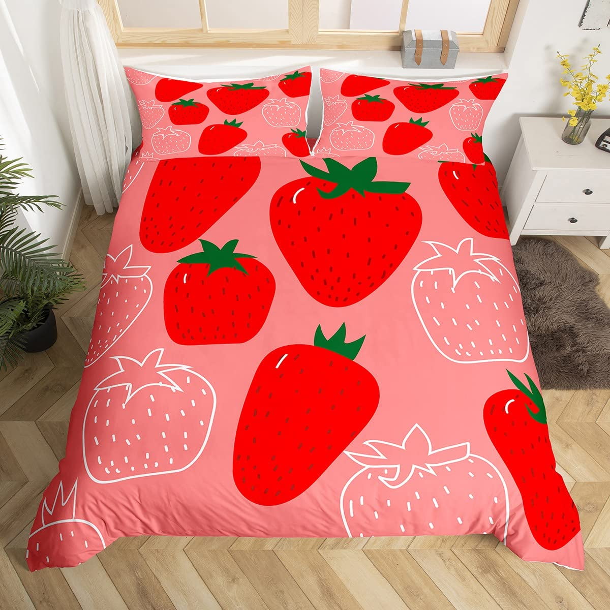 Strawberry Duvet Cover Set Red Strawberry Bedding Set for Girls Cute