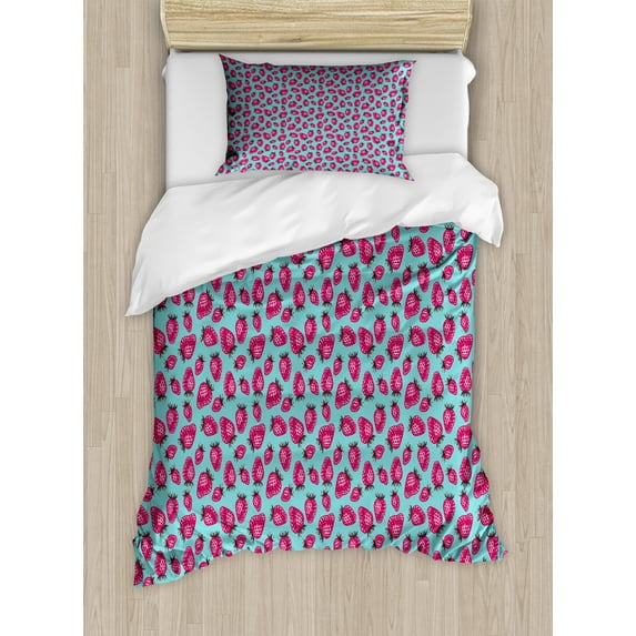 Strawberry Duvet Cover Set, Repeating Pattern with Abstract Modern Design Summer Fruit, Decorative 2 Piece Bedding Set with 1 Pillow Shams, Twin Size, Magenta Grey and Seafoam, by Ambesonne