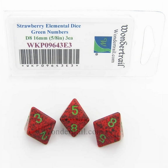 Strawberry Elemental Dice with Green Numbers D8 16mm (5/8in) Pack of 3 Wondertrail