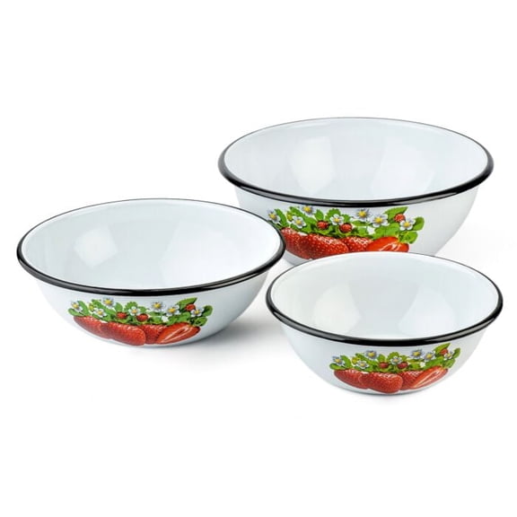Strawberry Enamel Bowl Set of 3 Durable, Chip-Resistant Serving Bowl Stovetop Safe, Dishwasher Safe, (1.5L + 2.5L + 4L)