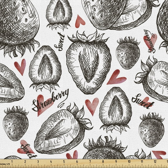 Ambesonne Strawberry Fabric by the Yard Upholstery, Sketchy Hand Drawn Fruit, 10 Yards, Grey Vermilion and White